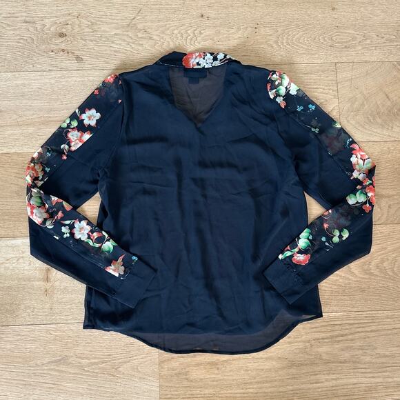 MONKL - Floral Sleeve Sheer Button front Blouse in Black & Pink - Picture 5 of 5